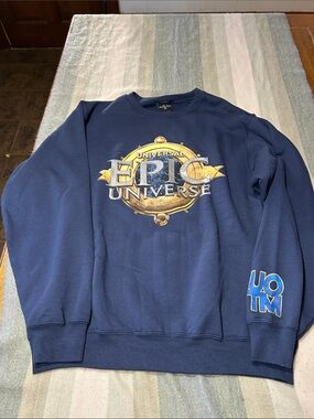 Universal Men's Navy Crewneck Sweatshirt with Gold & Blue Epic Logo- unisex Med